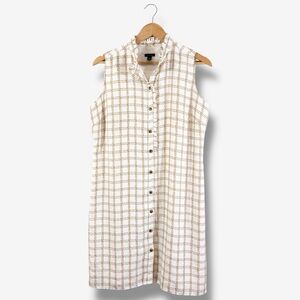 Ann Taylor Sleeveless Button Front Shirt Dress Size M White Brown Grid Plaid